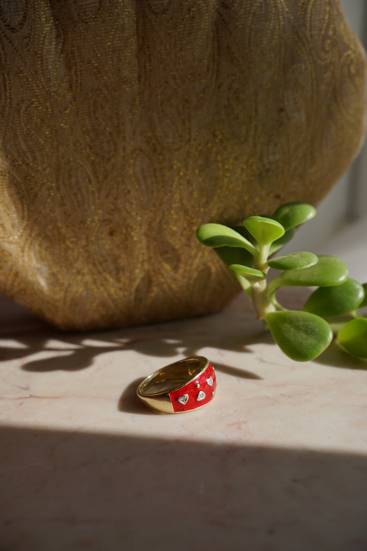 Vintage 14K Red Enamel Diamond Hearts Ring