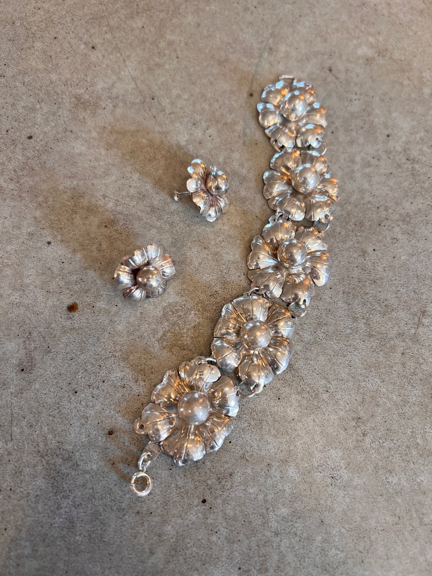Taxco Sterling Flower Link Bracelet & Earrings