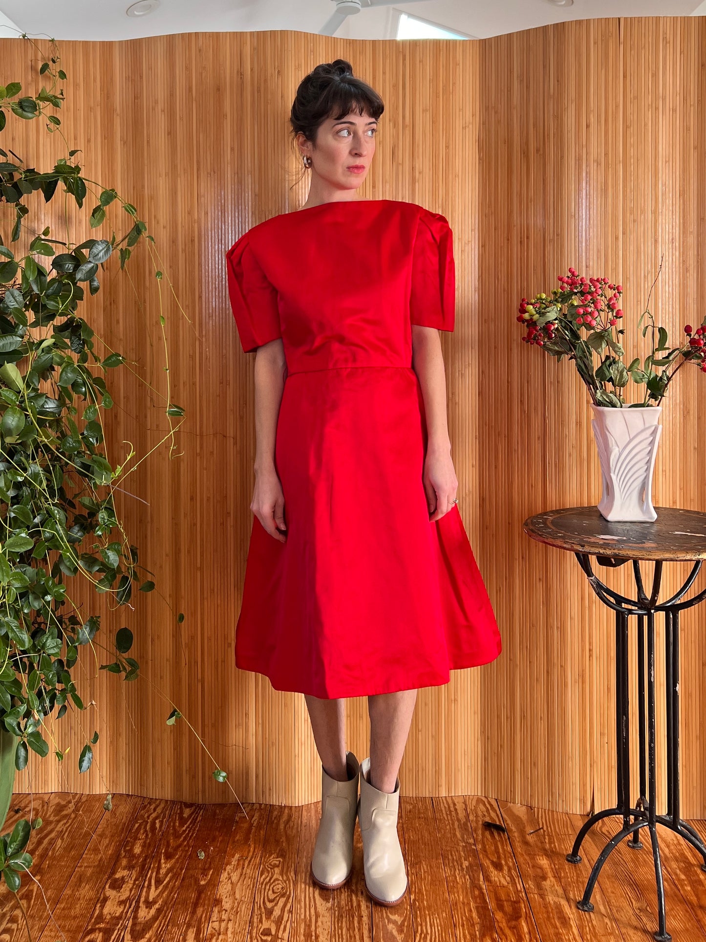 1950s Arnold Scaasi Cherry Red Silk Cocktail Dress M