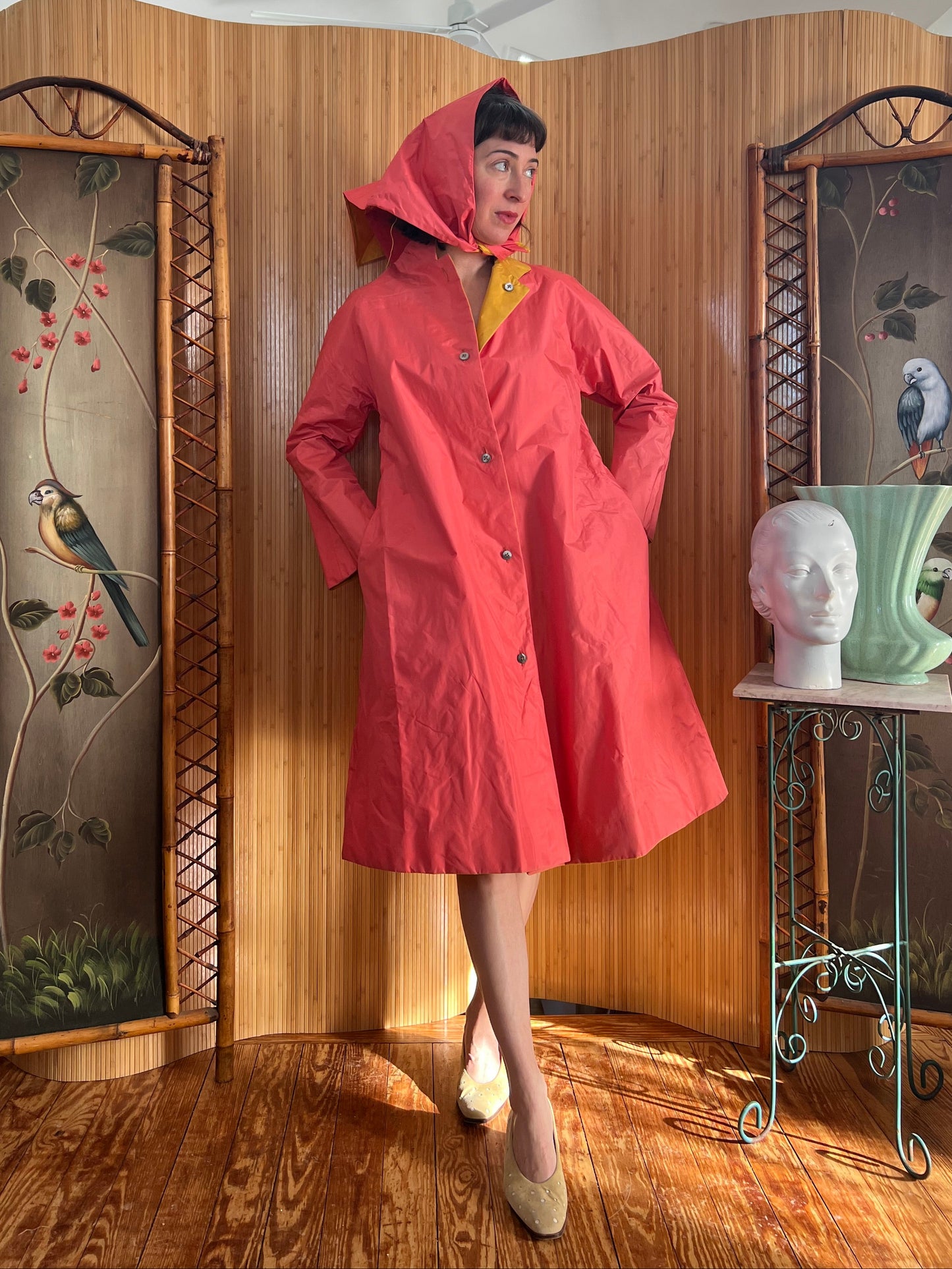 1960s Bonnie Cashin Chartreuse and Pink Reversible Raincoat and Bonnet S