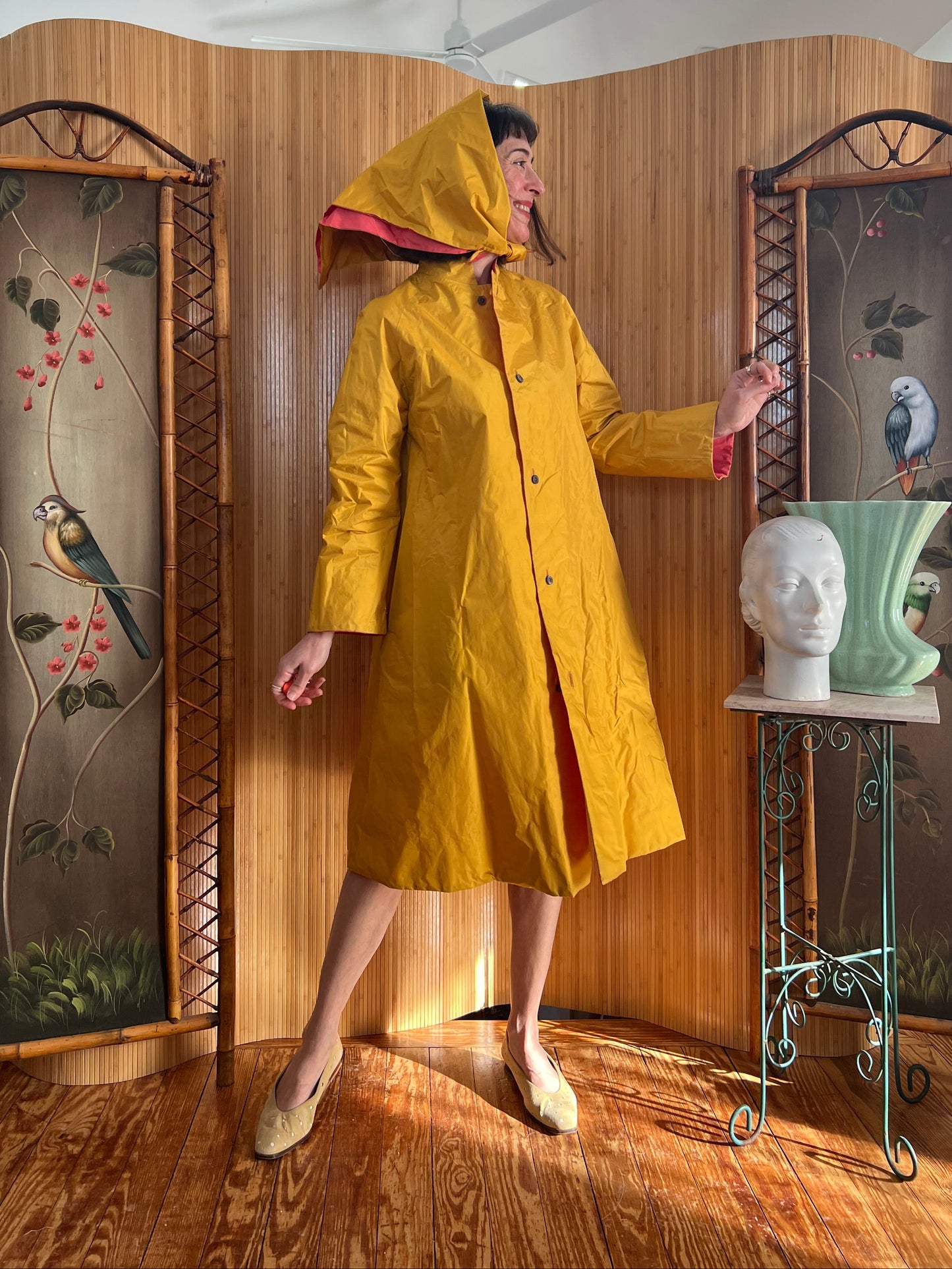 1960s Bonnie Cashin Chartreuse and Pink Reversible Raincoat and Bonnet S