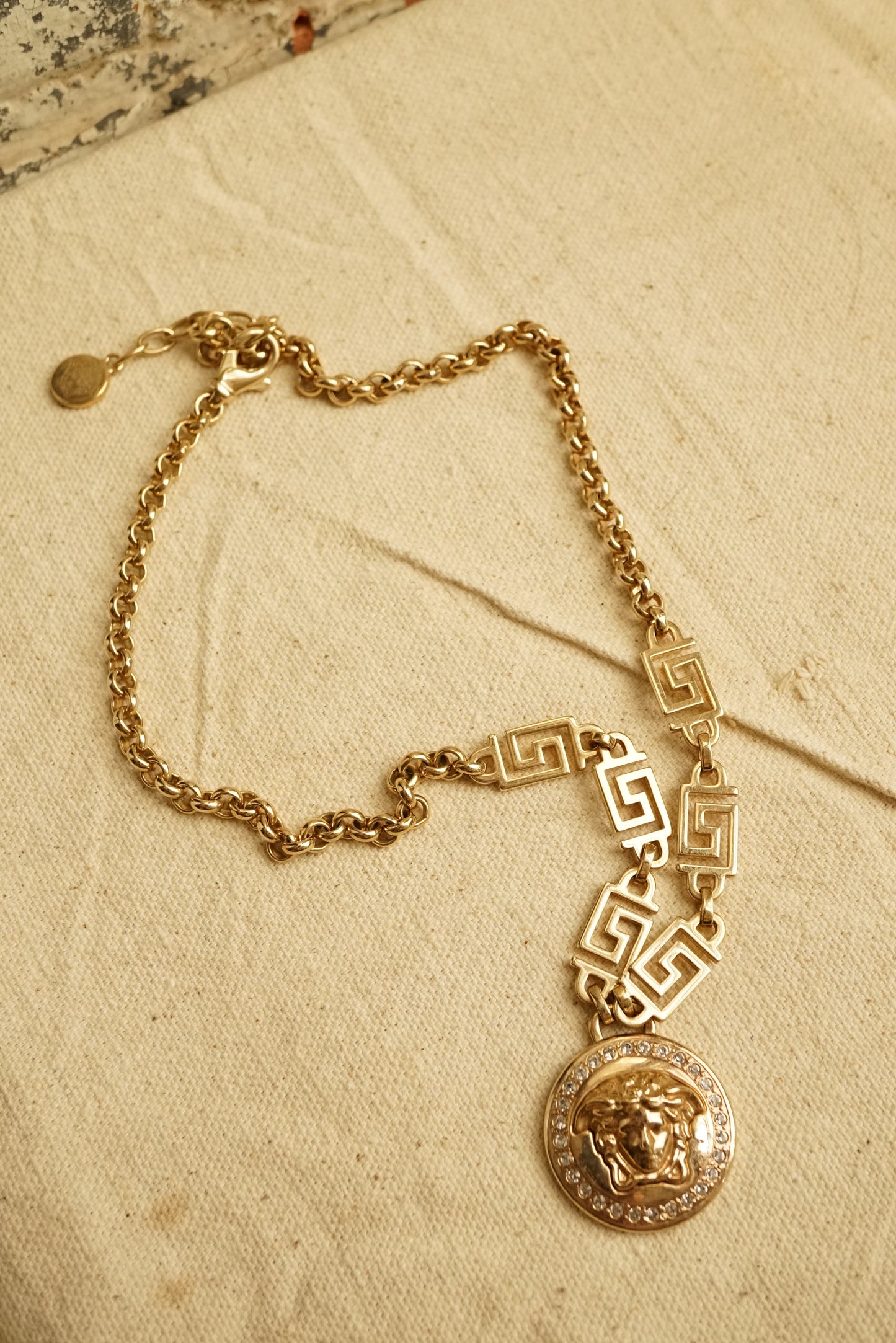 1990s Versace La Medusa Greca Gold and Crystal Necklace