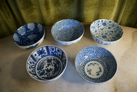 Vintage Japanese Sometsuke Blue & White Porcelain Bowls