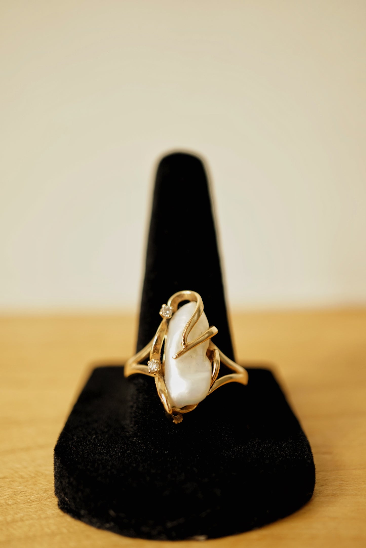 Vintage 14K Baroque Pearl and Diamond Ring