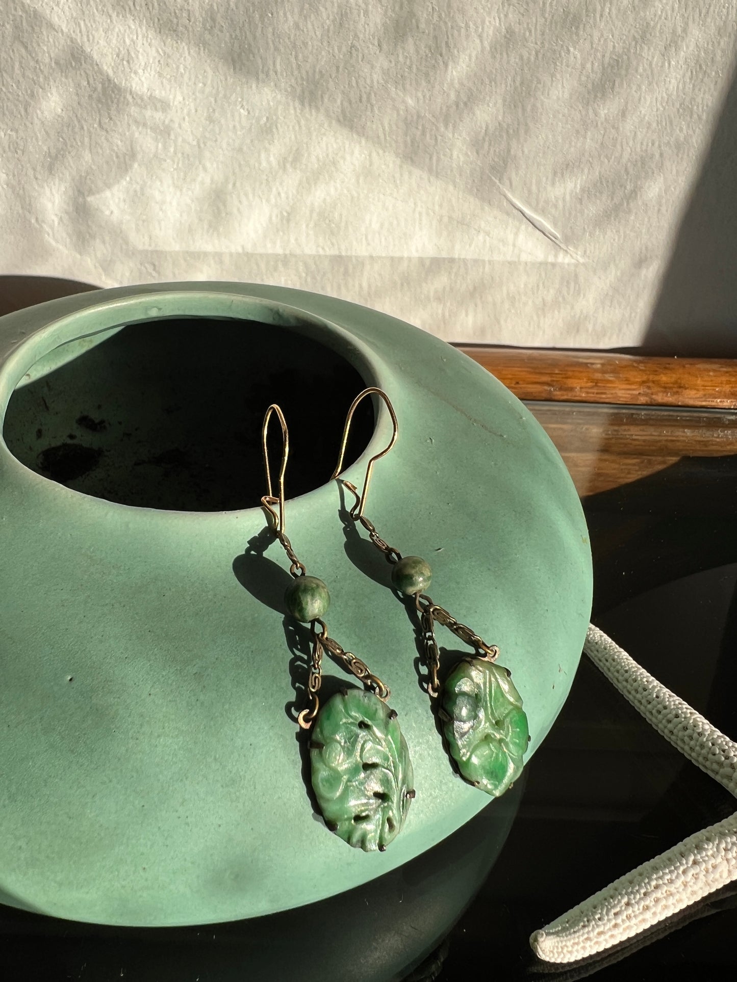 Antique Art Nouveau Carved Jade Drop Earrings 14K