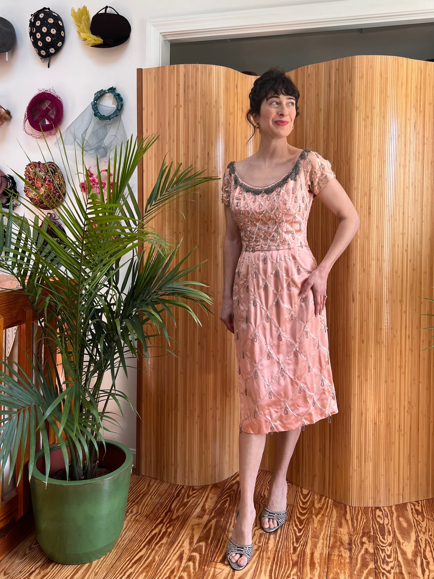 1950s Ceil Chapman Beaded and Sequin Silk Wiggle Dress S