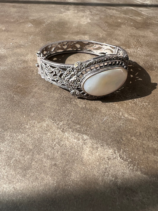 Art Deco Sterling Marcasite and Mother of Pearl Hinged Bracelet