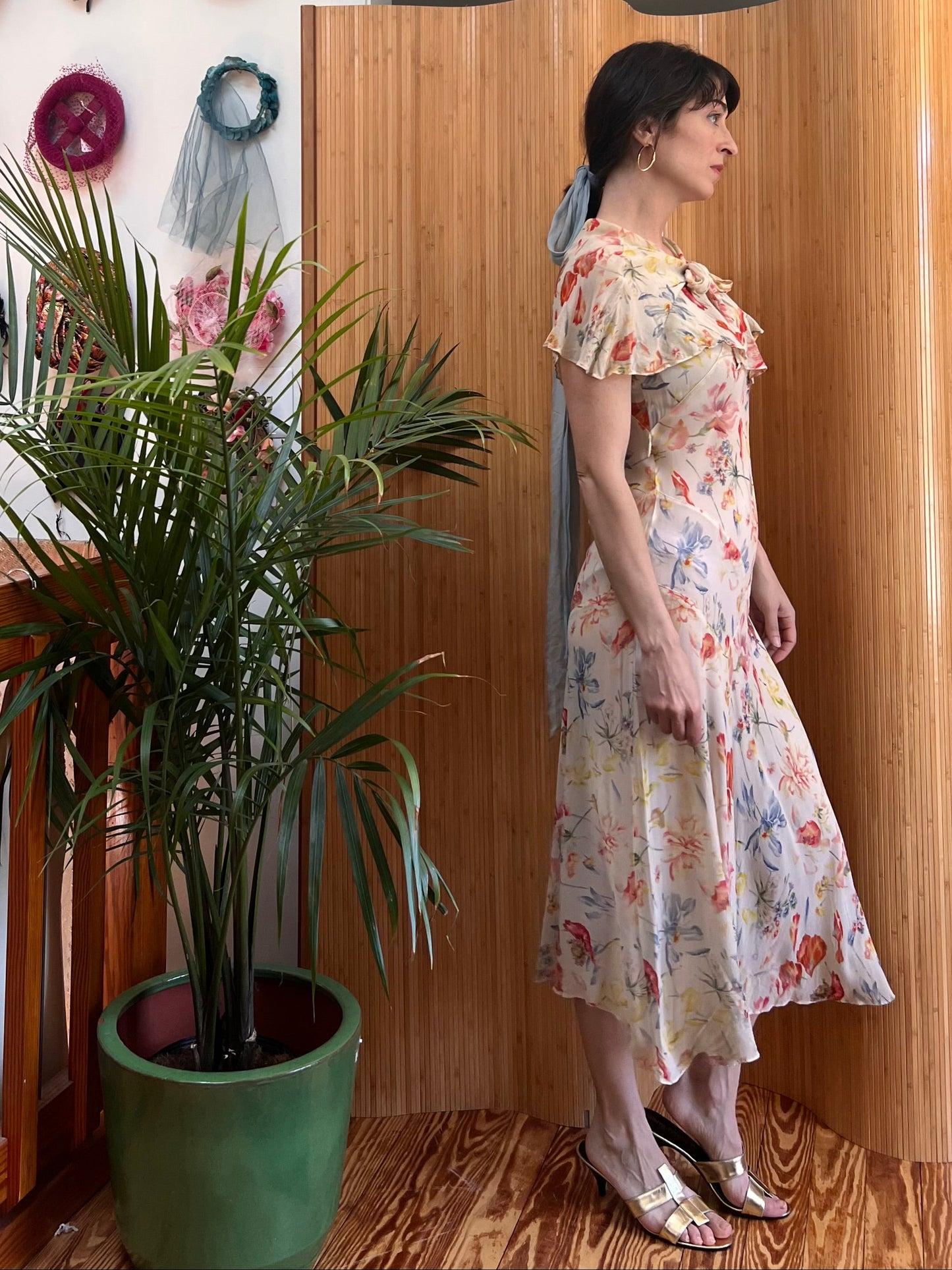 1920s/30s Art Deco Silk Chiffon Floral Bias Cut Gown with Capelet