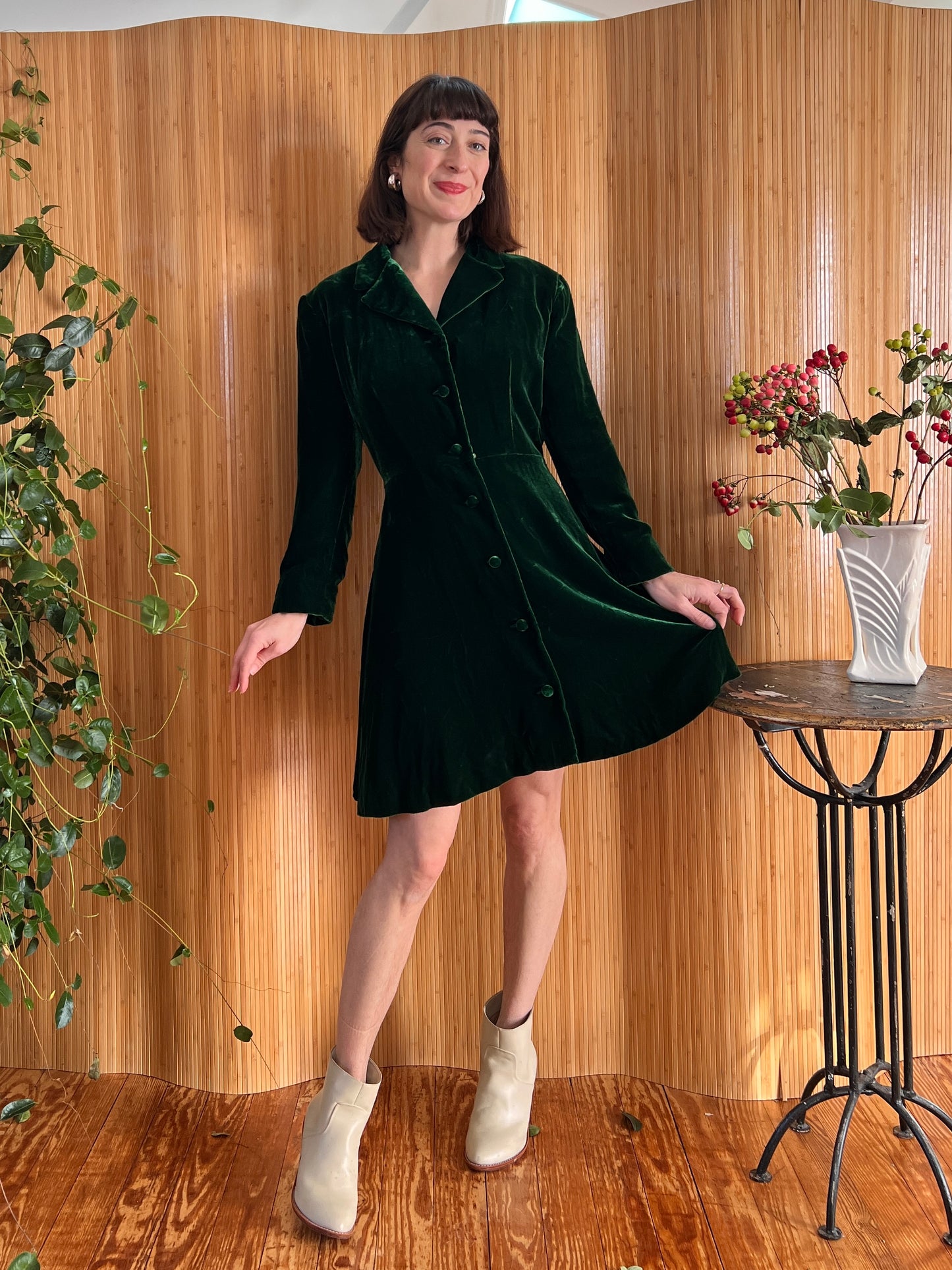 90s Green Velvet Babydoll Dress L