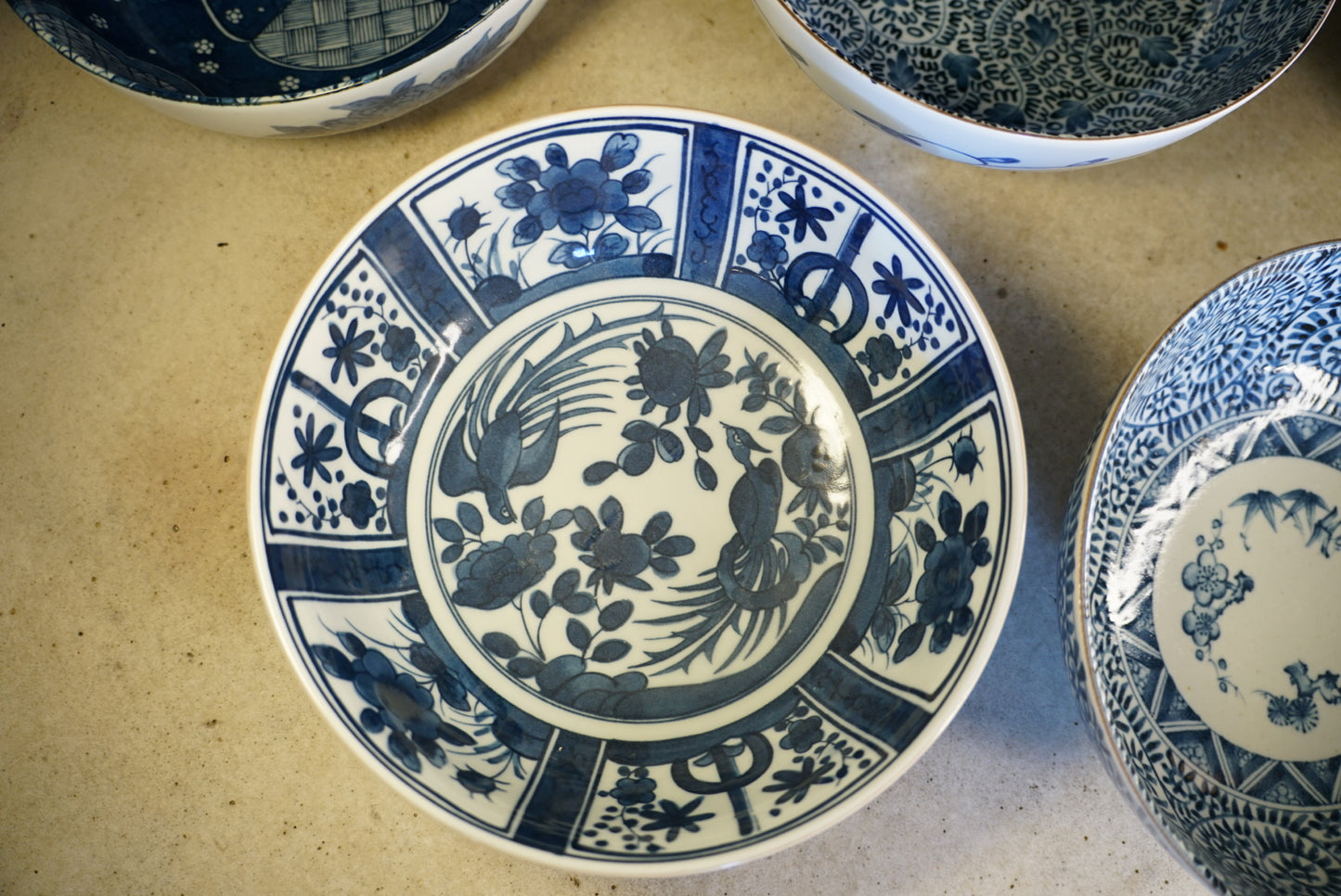 Vintage Japanese Sometsuke Blue & White Porcelain Bowls