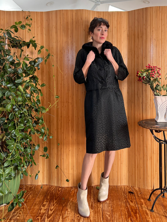 1950s Silk Jacquard Dress & Fur Trim Jacket M/L