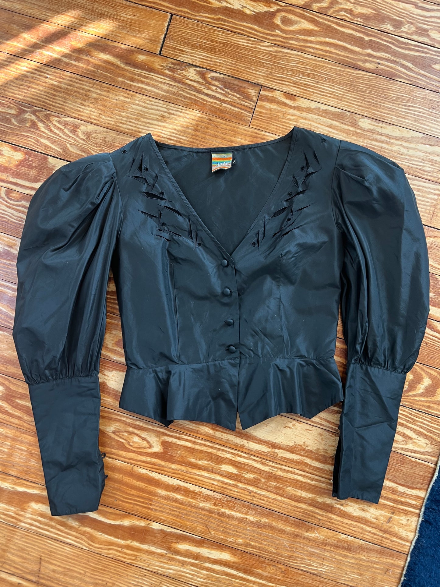 1980s Silk Cut Out Peplum Blouse with Mutton Sleeves S