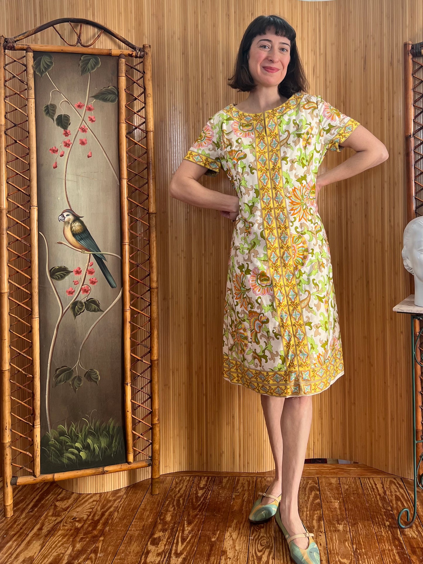 1960s Paisley Print Cotton Shift Dress L