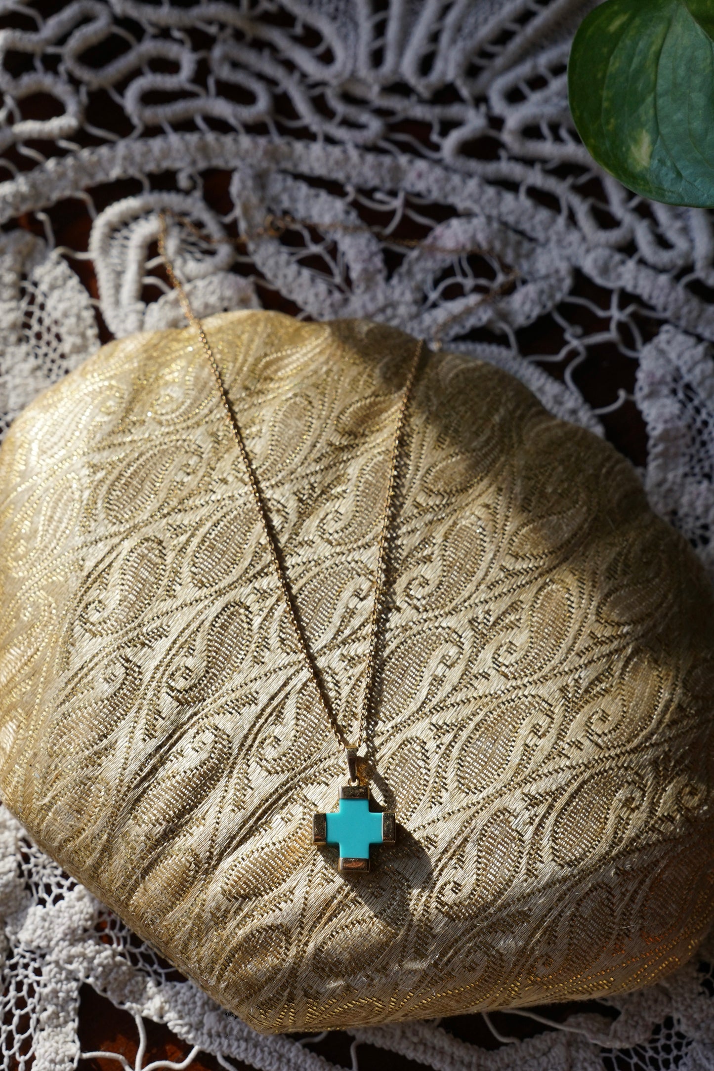 Vtg Santorini Turquoise and 14K Gold Cross Necklace