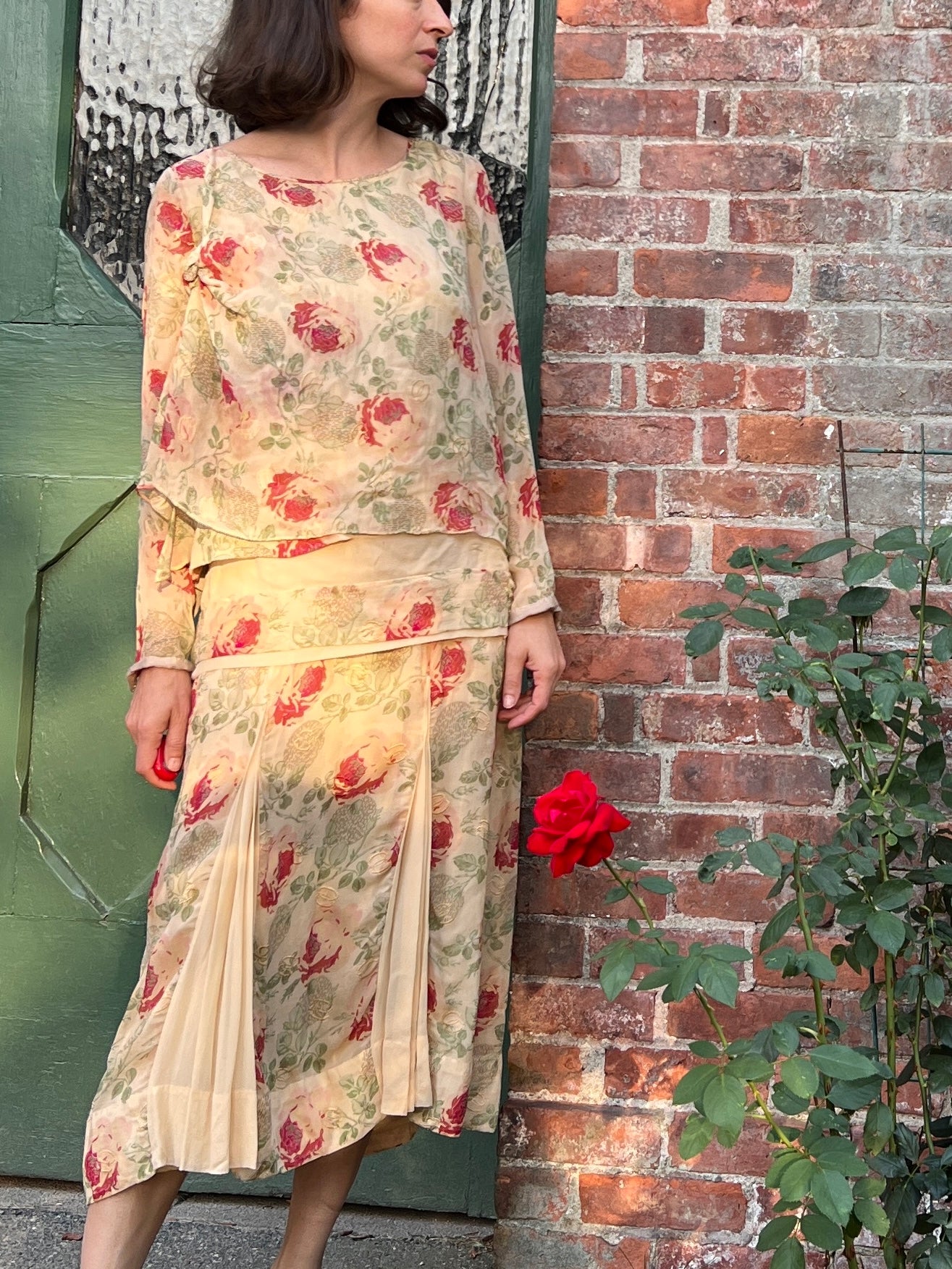 Antique 1920s Silk Georgette Drop Waist Rose Dress Size S