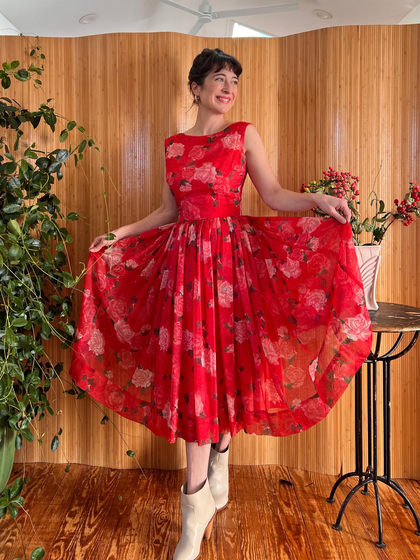 1950s Silk Rose Chiffon Fit n Flare Dress S