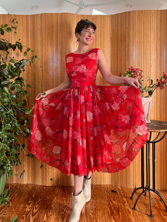 1950s Silk Rose Chiffon Fit n Flare Dress S