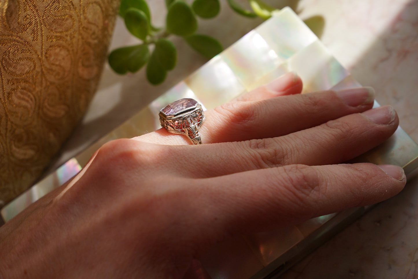 Art Deco Square Cut Amethyst Filigree 14K Ring