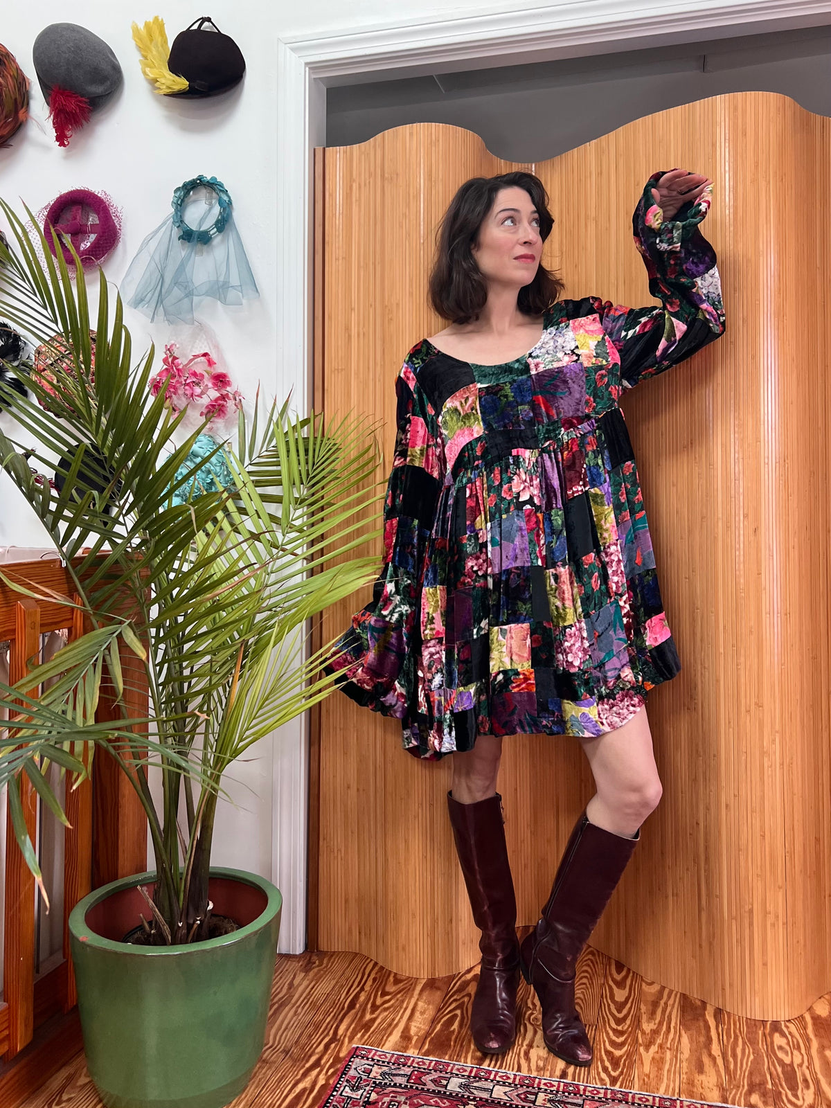 1990s Betsey Johnson Velvet Patchwork Babydoll Dress M