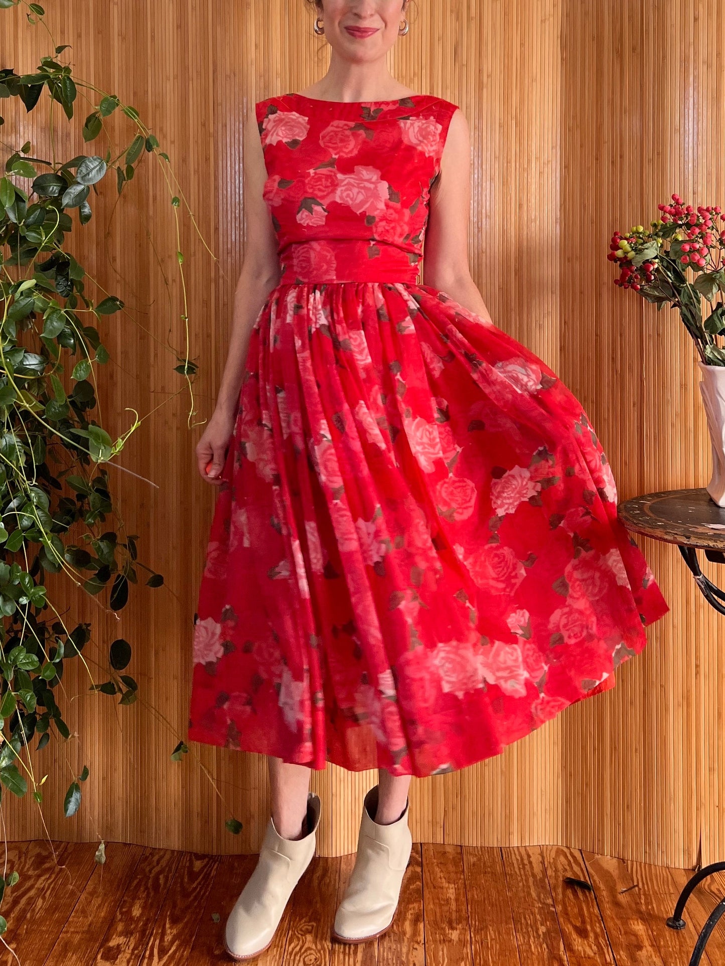 1950s Silk Rose Chiffon Fit n Flare Dress S