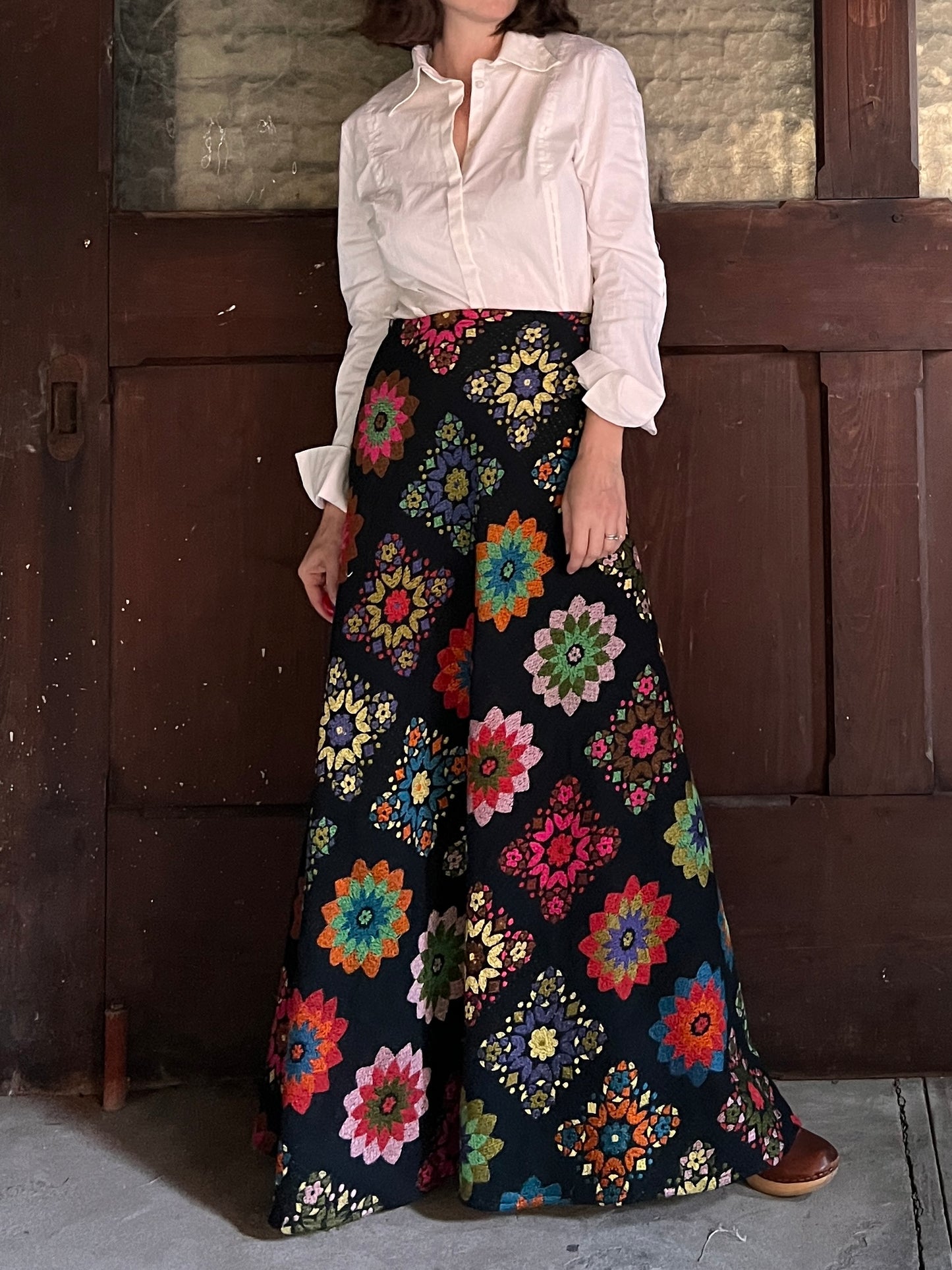 1970s Embroidered Mosaic Maxi Skirt M