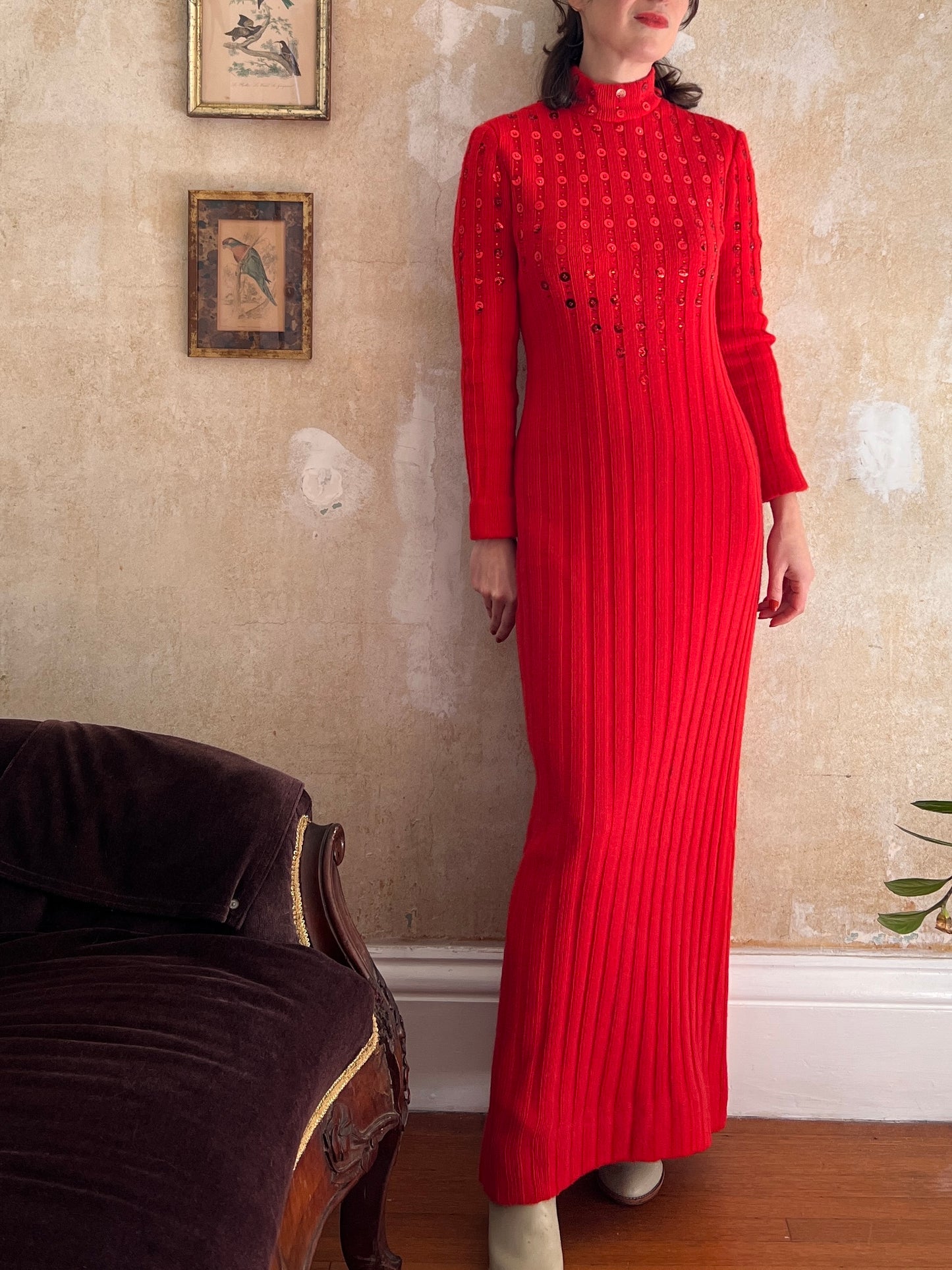1970s Rizkallah for Malcolm Starr Sequin Studded Knit Body Con Dress M