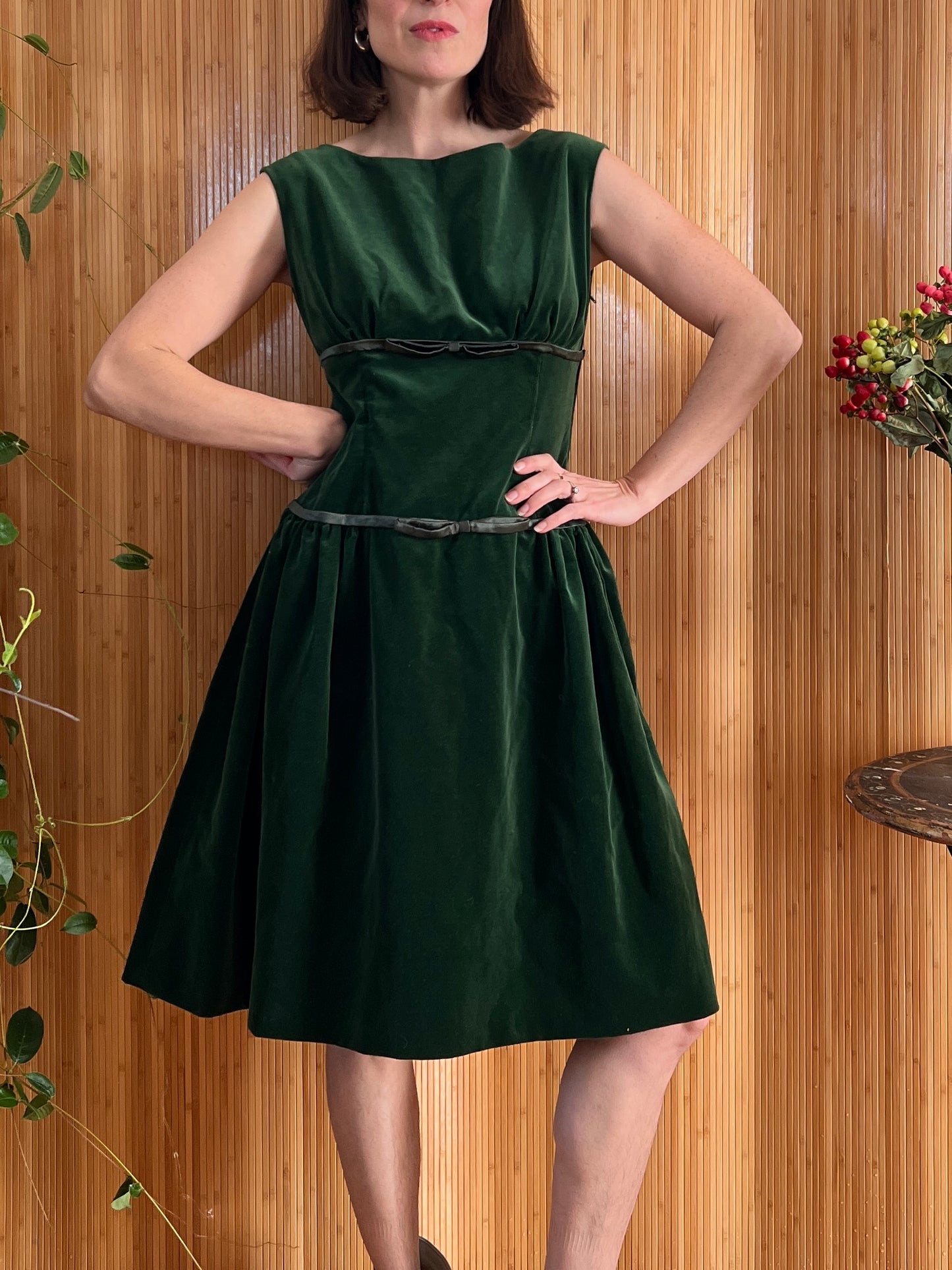 1950s Green Velvet Ribbons & Bows Dress