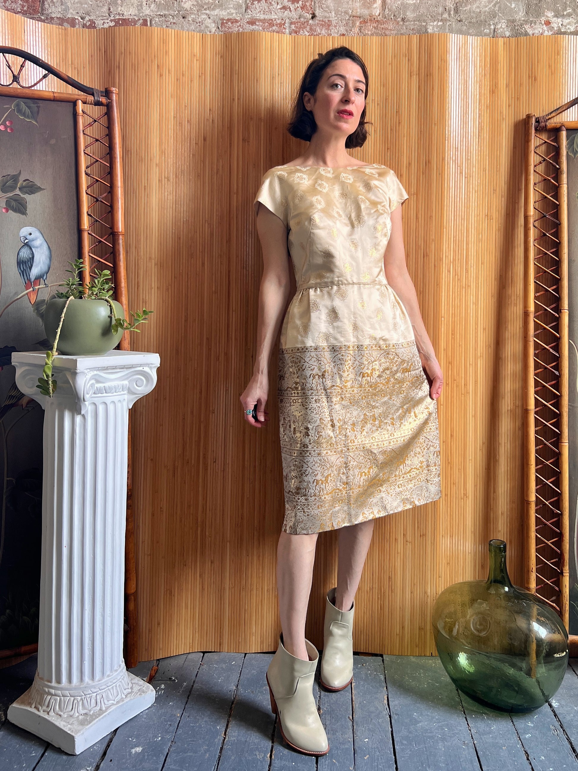 1950s Frank Starr Silk & Gold Thread Shift Dress M/L The Lady Next Door 1950s Frank Starr Silk & Gold Thread Shift Dress M/L The Lady Next Door