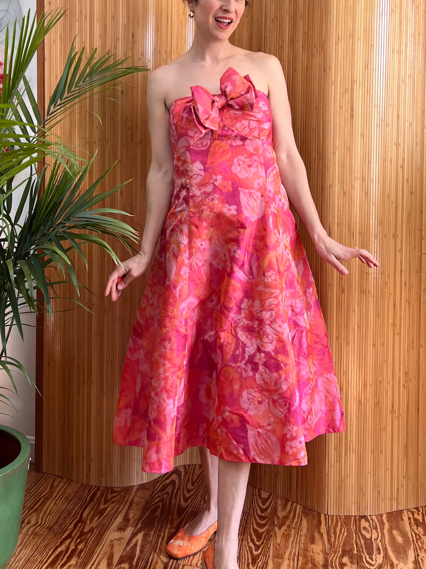 1980s Silk Chiffon Strapless Party Frock L