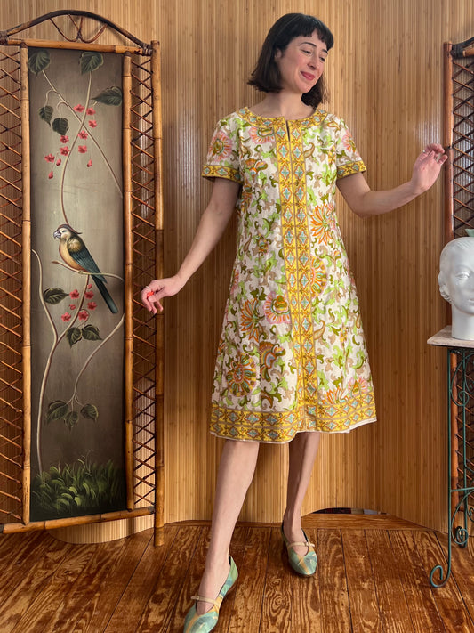 1960s Paisley Print Cotton Shift Dress L