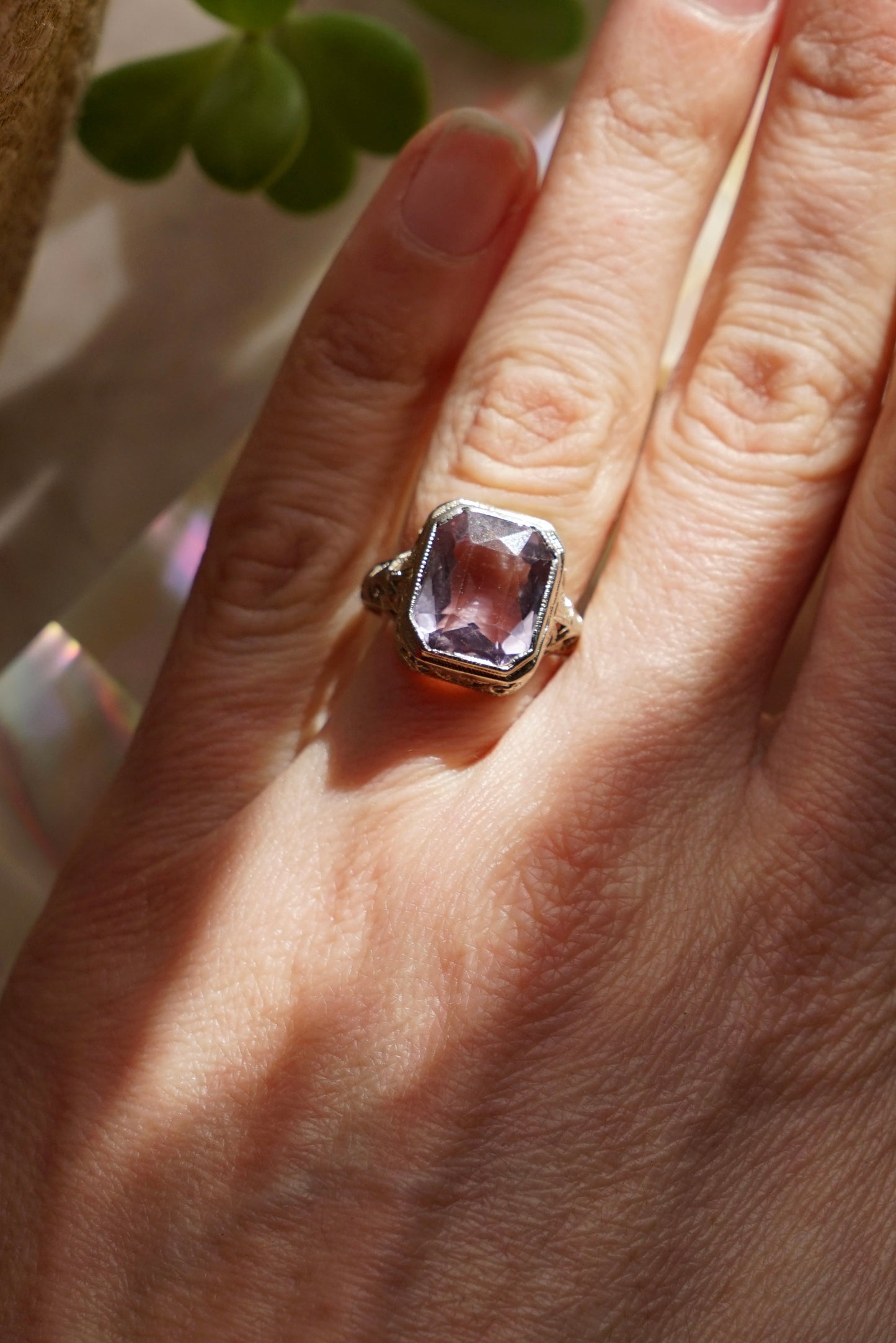 Art Deco Square Cut Amethyst Filigree 14K Ring