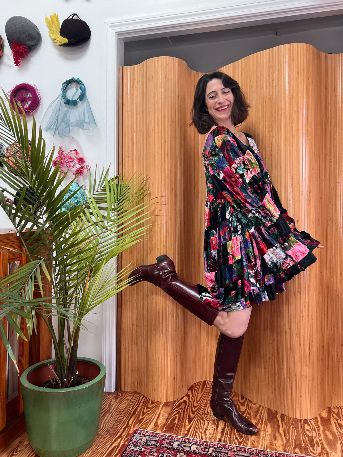 1990s Betsey Johnson Velvet Patchwork Babydoll Dress M
