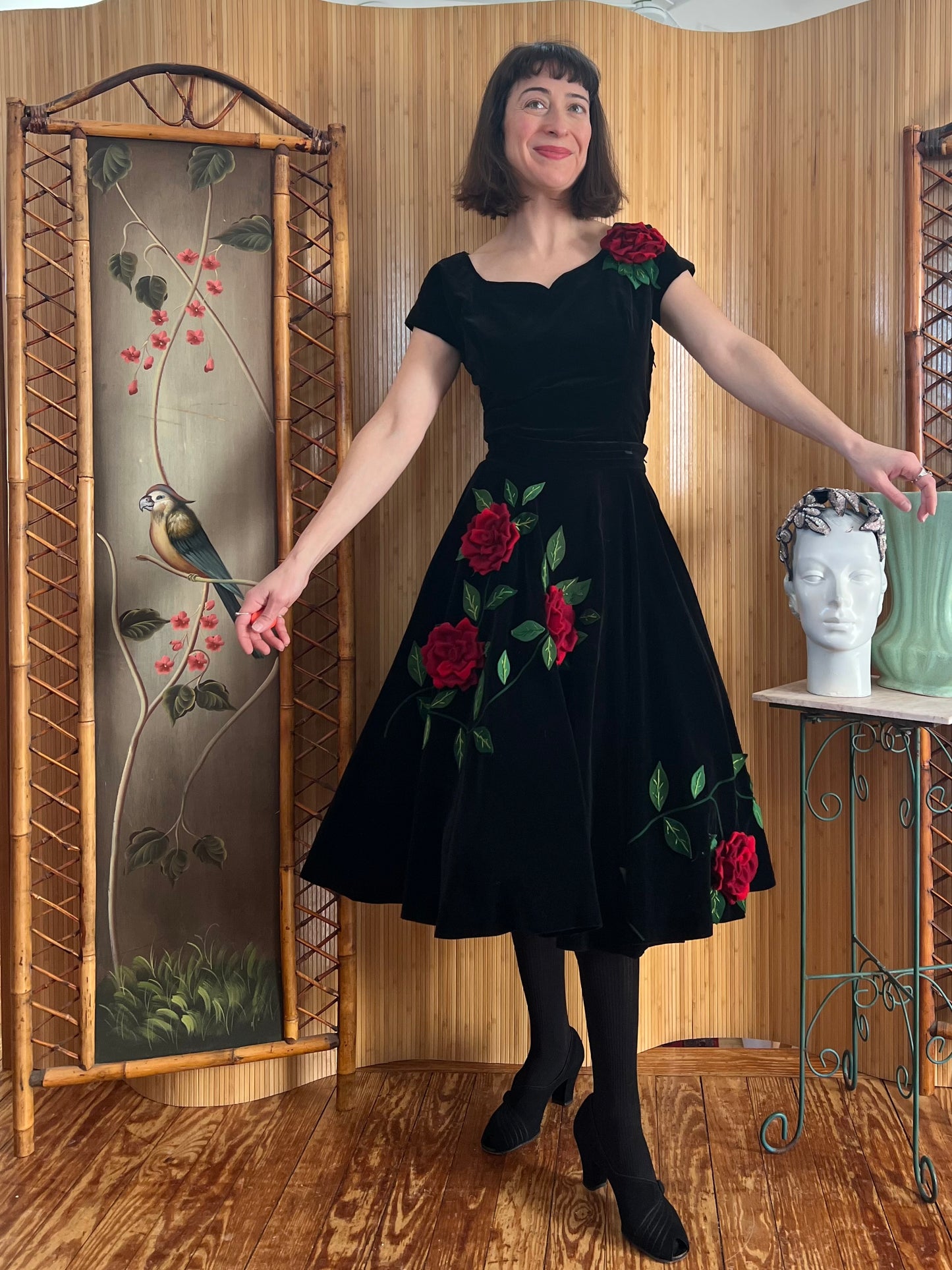 1950s Velvet Rose Applique 2-Piece Skirt Set S