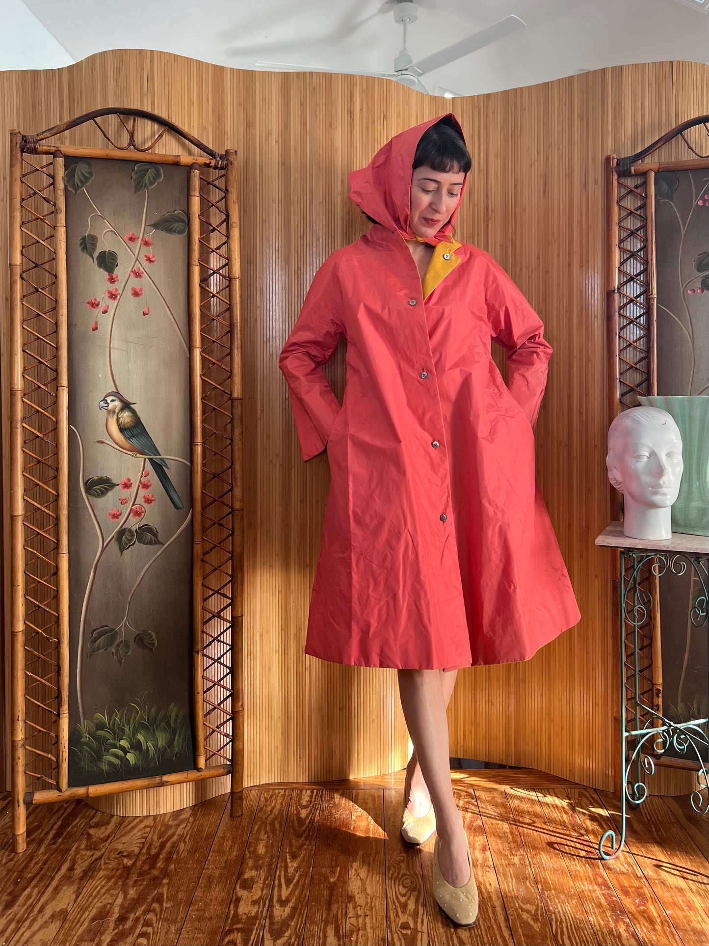 1960s Bonnie Cashin Chartreuse and Pink Reversible Raincoat and Bonnet S