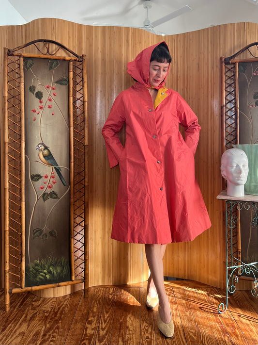 1960s Bonnie Cashin Chartreuse and Pink Reversible Raincoat and Bonnet S