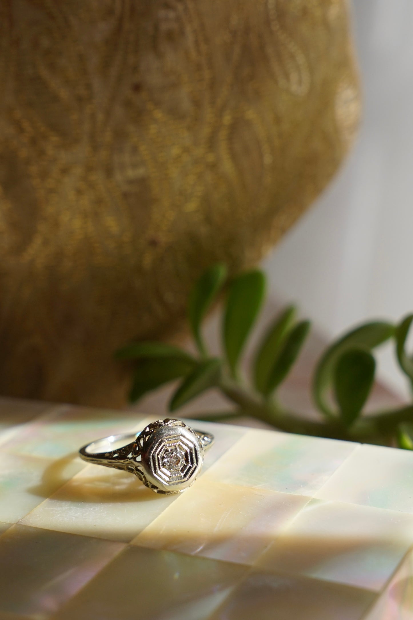 Art Deco Solitaire Diamond Octagon Engagement Ring 14K