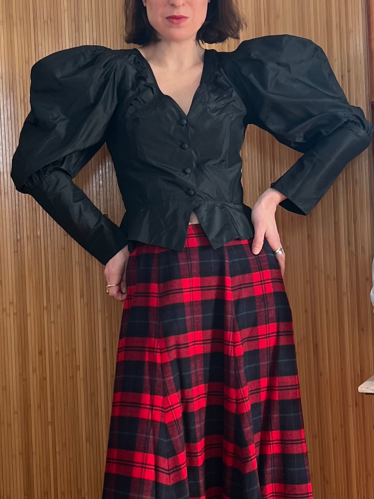 1980s Silk Cut Out Peplum Blouse with Mutton Sleeves S