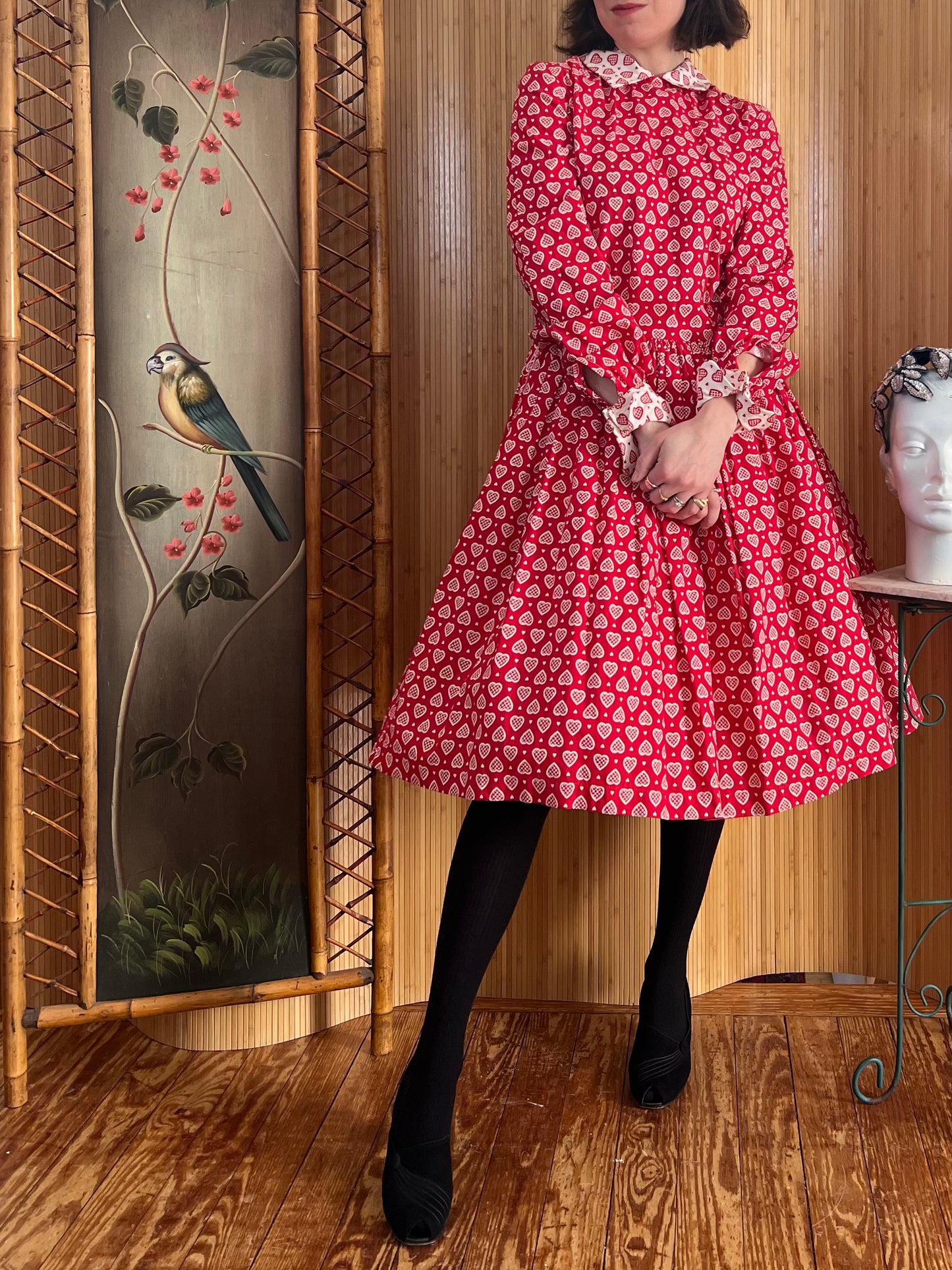 Vintage Cotton Hearts A-Line Dress M