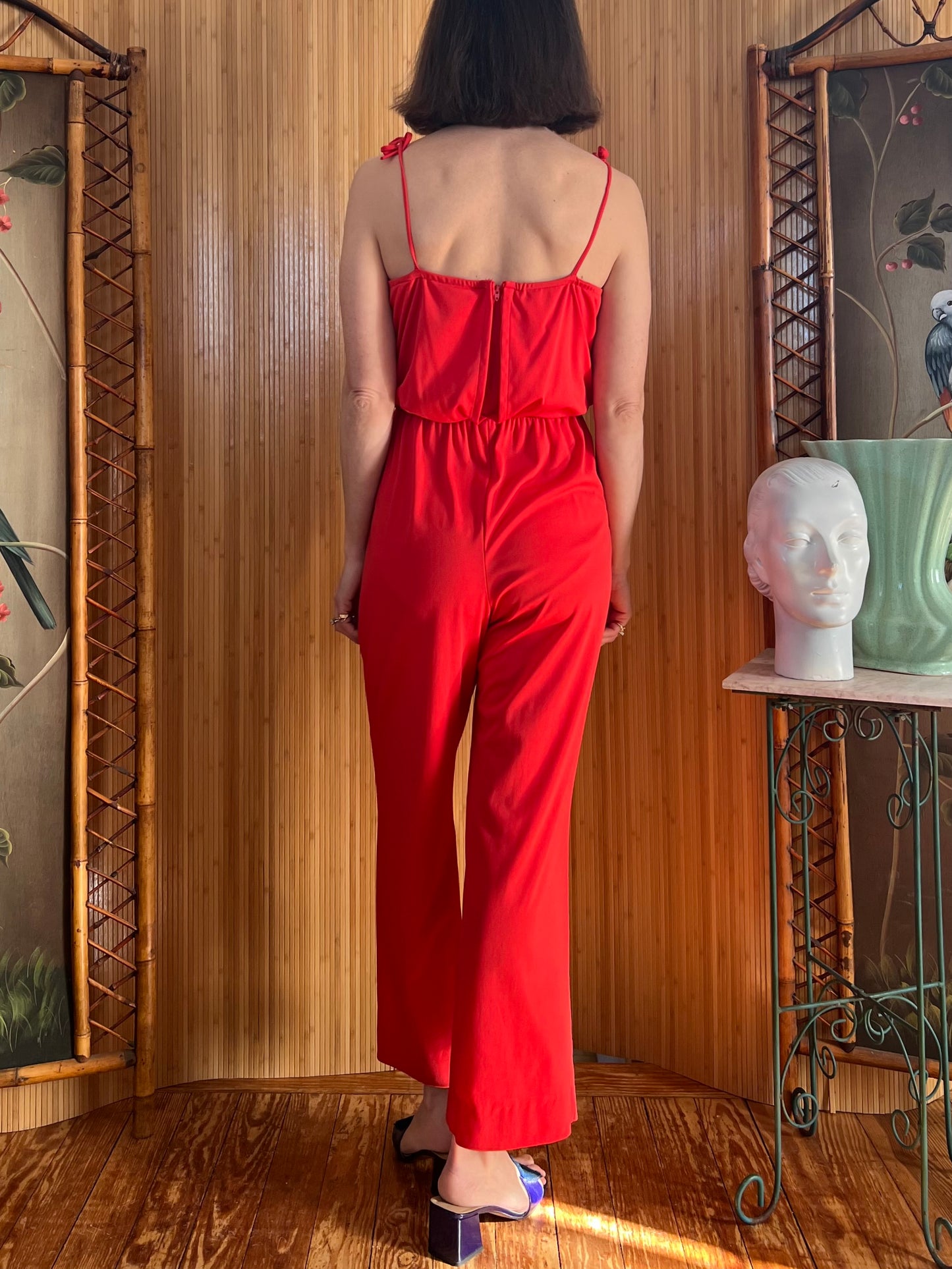 1970s Cherry Red Poly Pantsuit XS-M