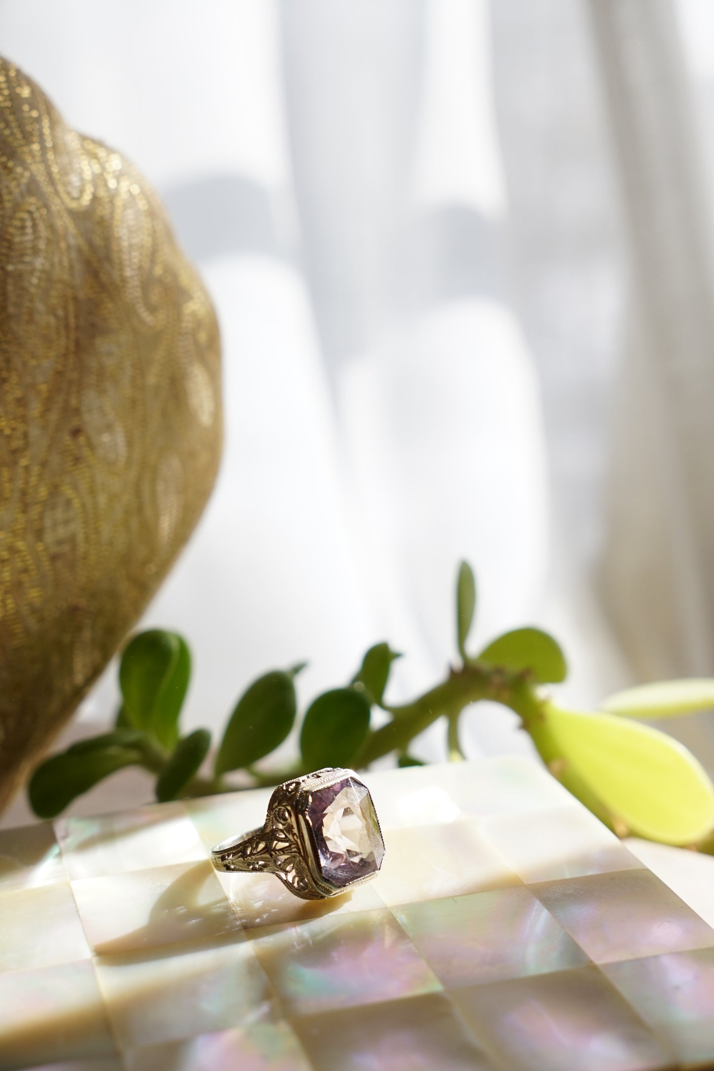 Art Deco Square Cut Amethyst Filigree 14K Ring