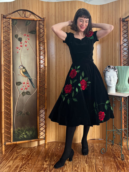 1950s Velvet Rose Applique 2-Piece Skirt Set S