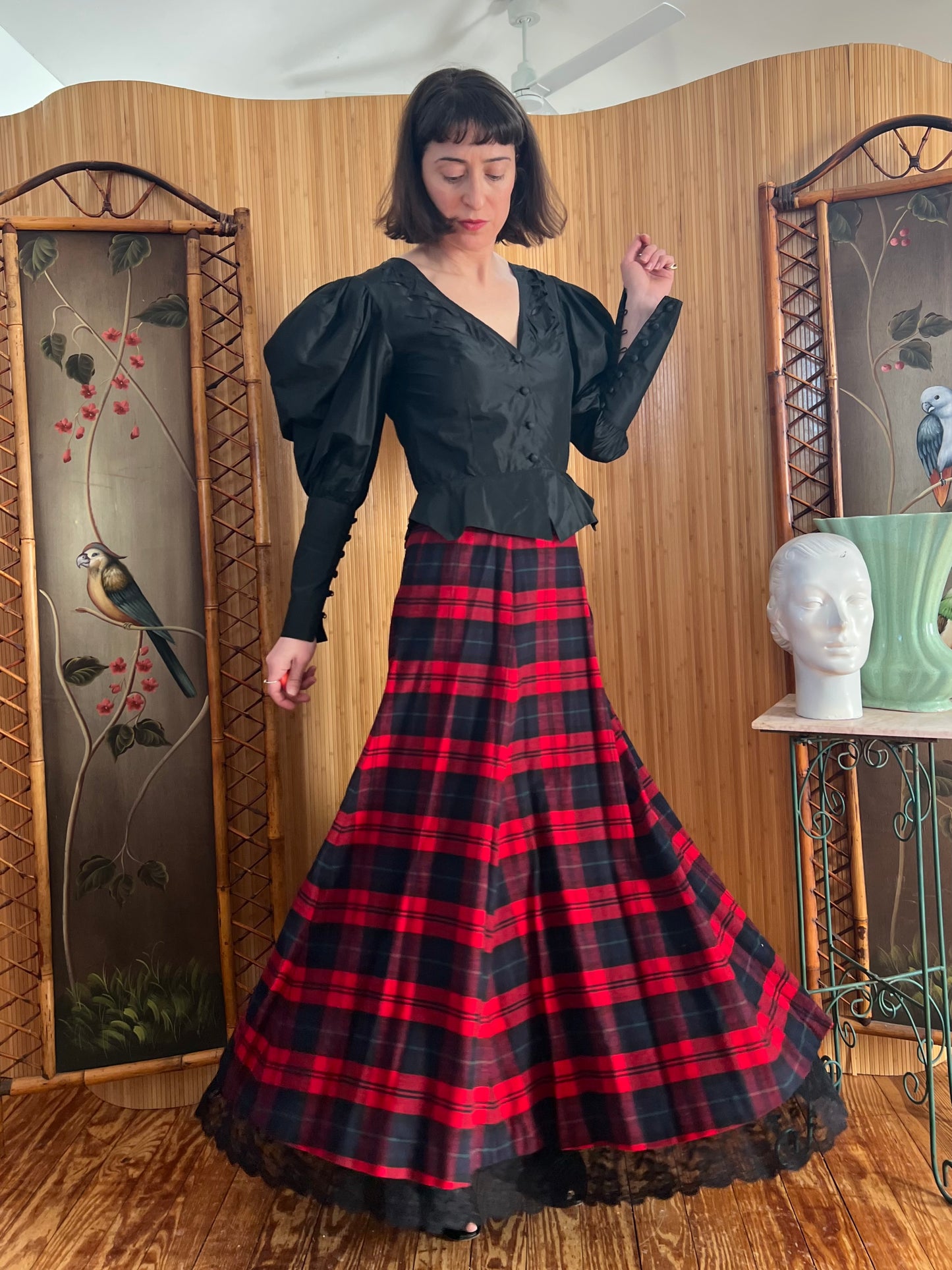 90s J.Peterman Flannel Plaid Maxi with Lace Hem