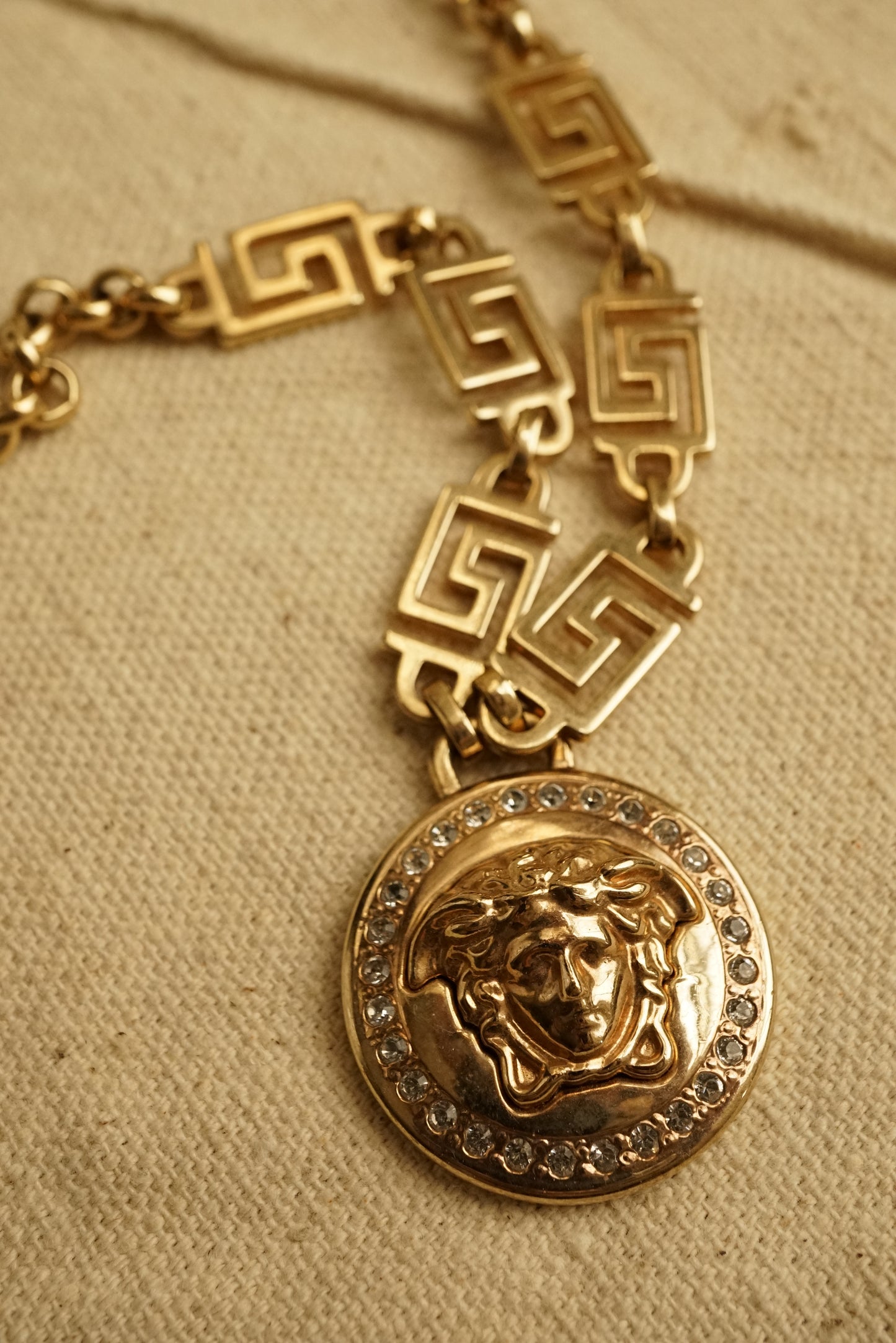 1990s Versace La Medusa Greca Gold and Crystal Necklace