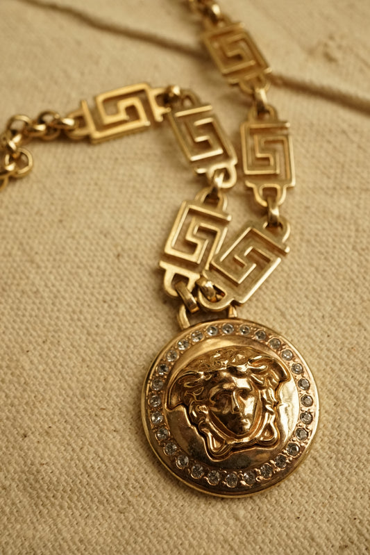 1990s Versace La Medusa Greca Gold and Crystal Necklace