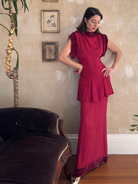 1930s Cranberry Crepe Gown and Tunic Set with Velvet Trim S/M