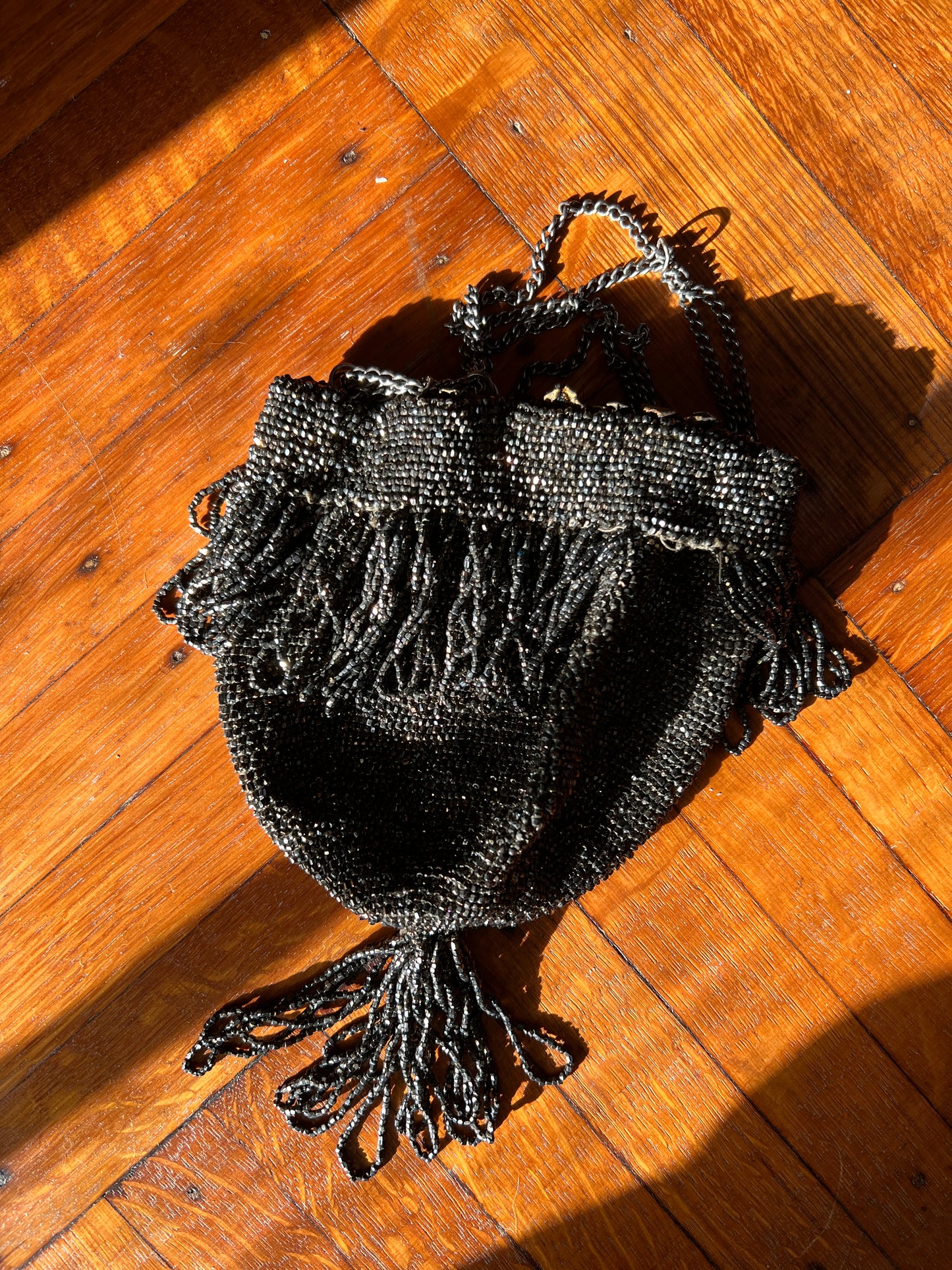Late 1800s Beaded Black Reticule with Fringe
