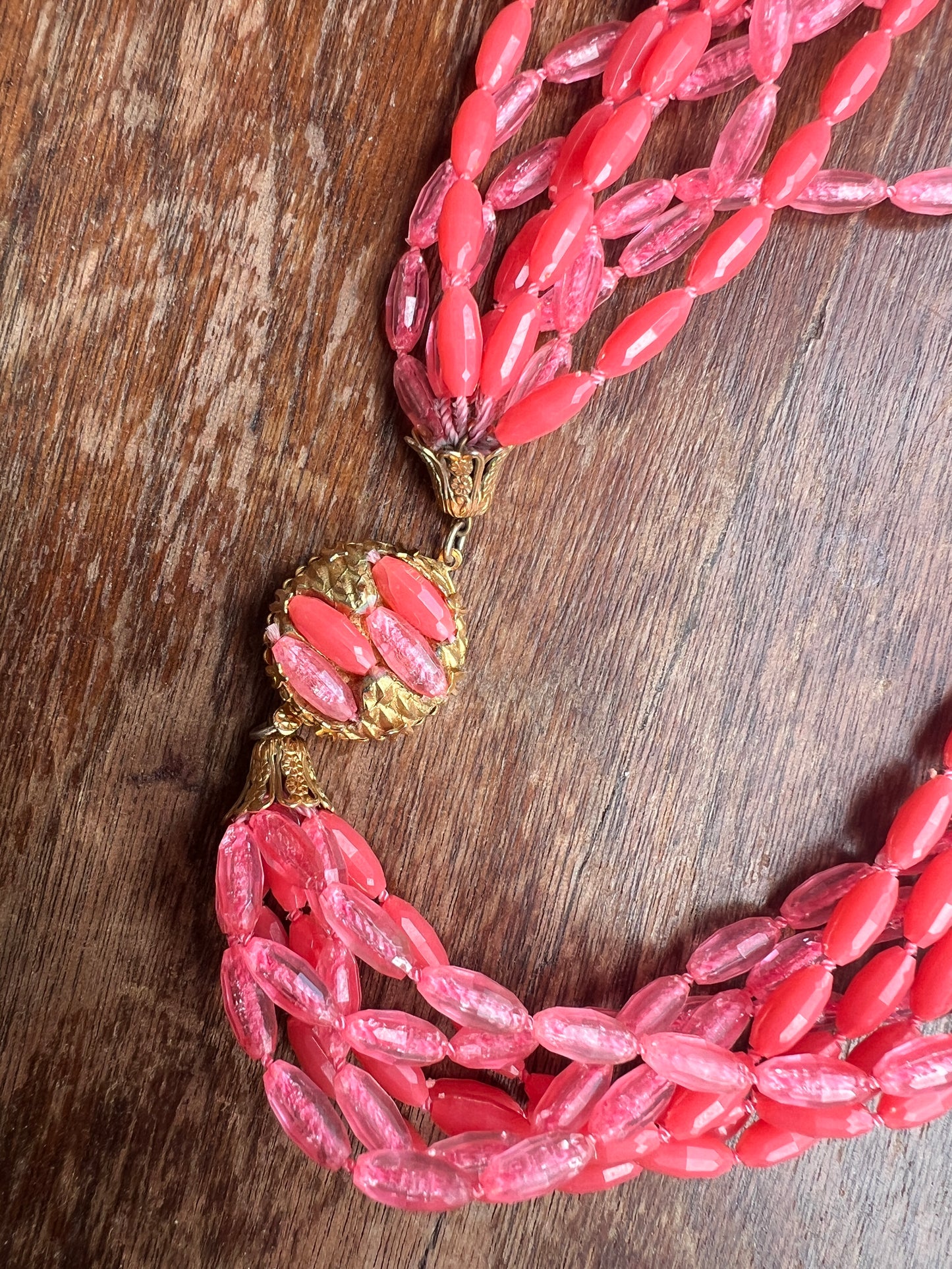 1950s Multi-Strand Flamingo Pink Beaded Necklace and Earrings Set