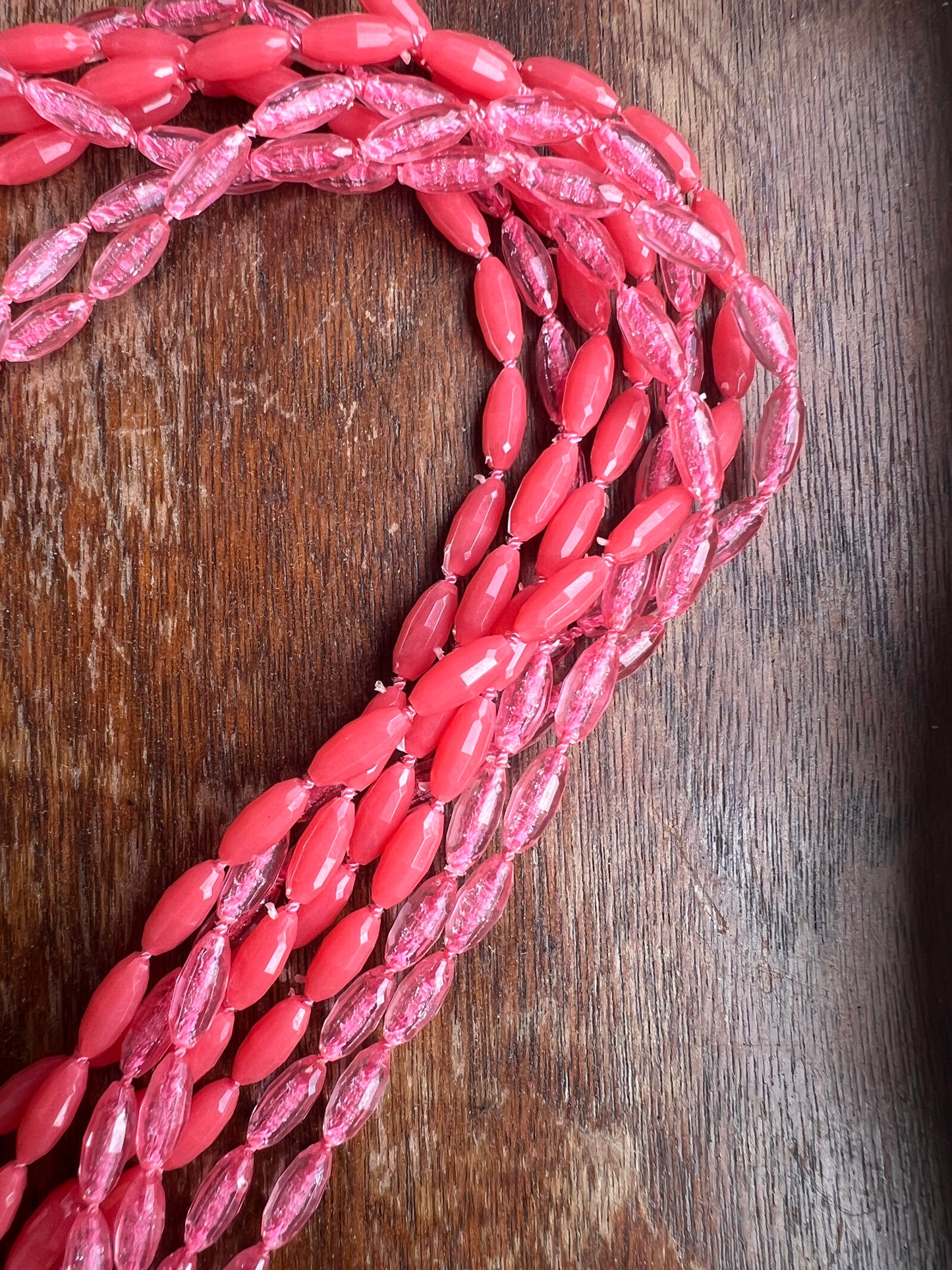 1950s Multi-Strand Flamingo Pink Beaded Necklace and Earrings Set