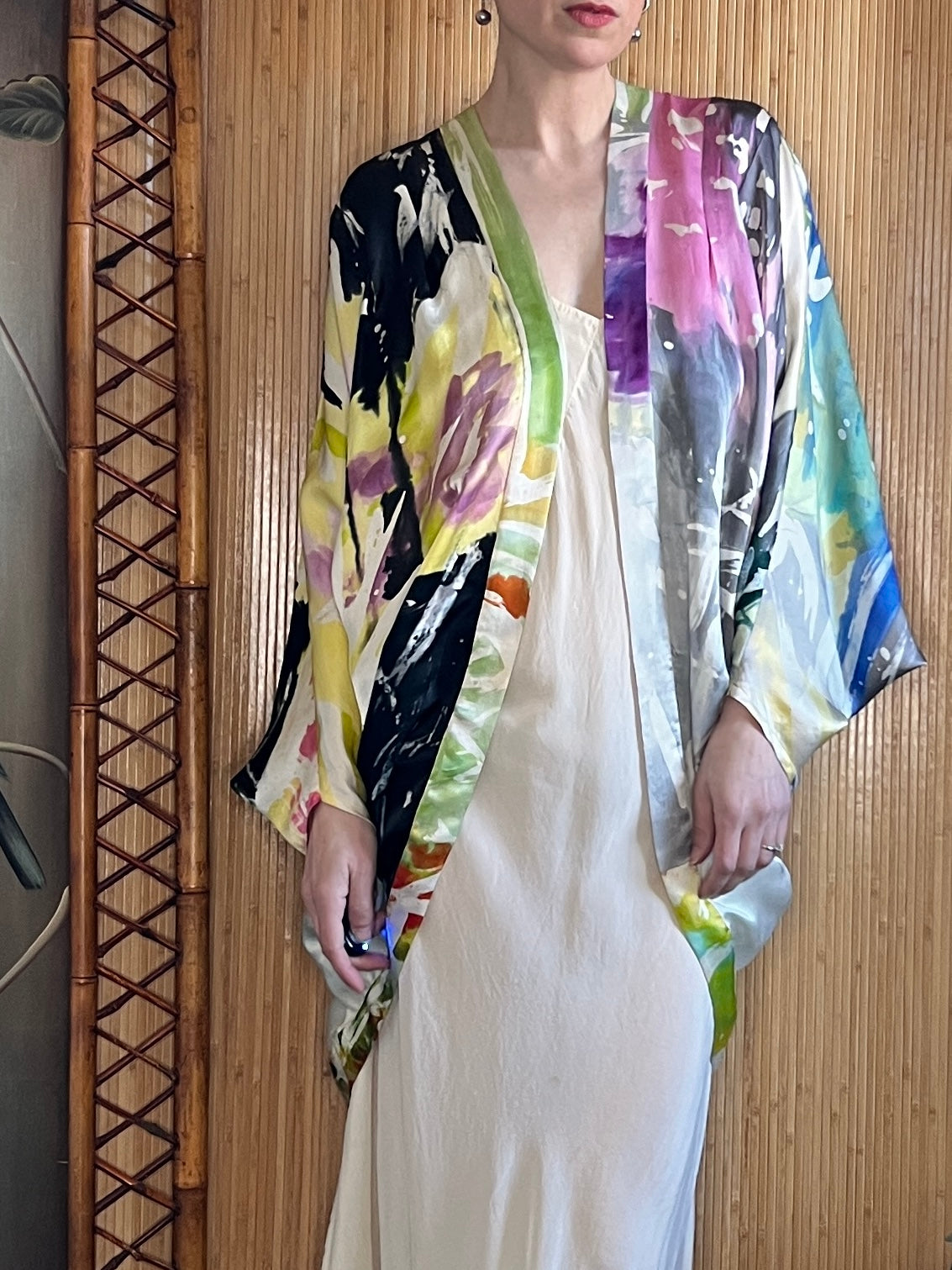 1980s Hand Marbled Silk Batwing Jacket