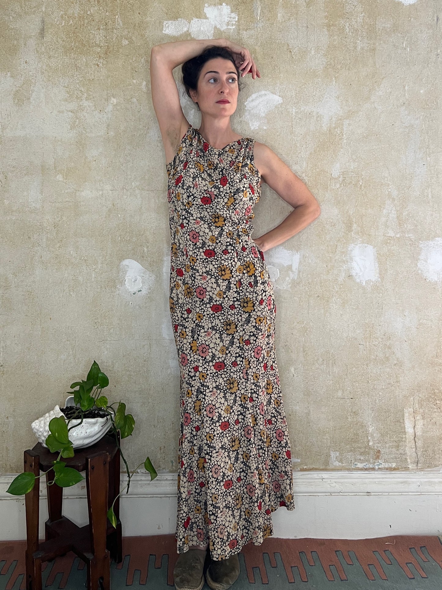 1930s Silk Crepe Bias Cut Floral Gown M